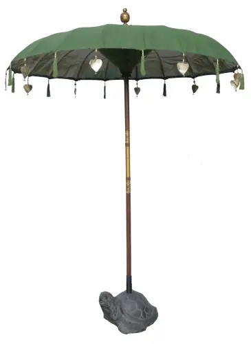 Product image of the product “Bali umbrella, Moss with wooden coins and gold leaves hanging around the edge. Approx. 190cm dia. and 250cm height ”